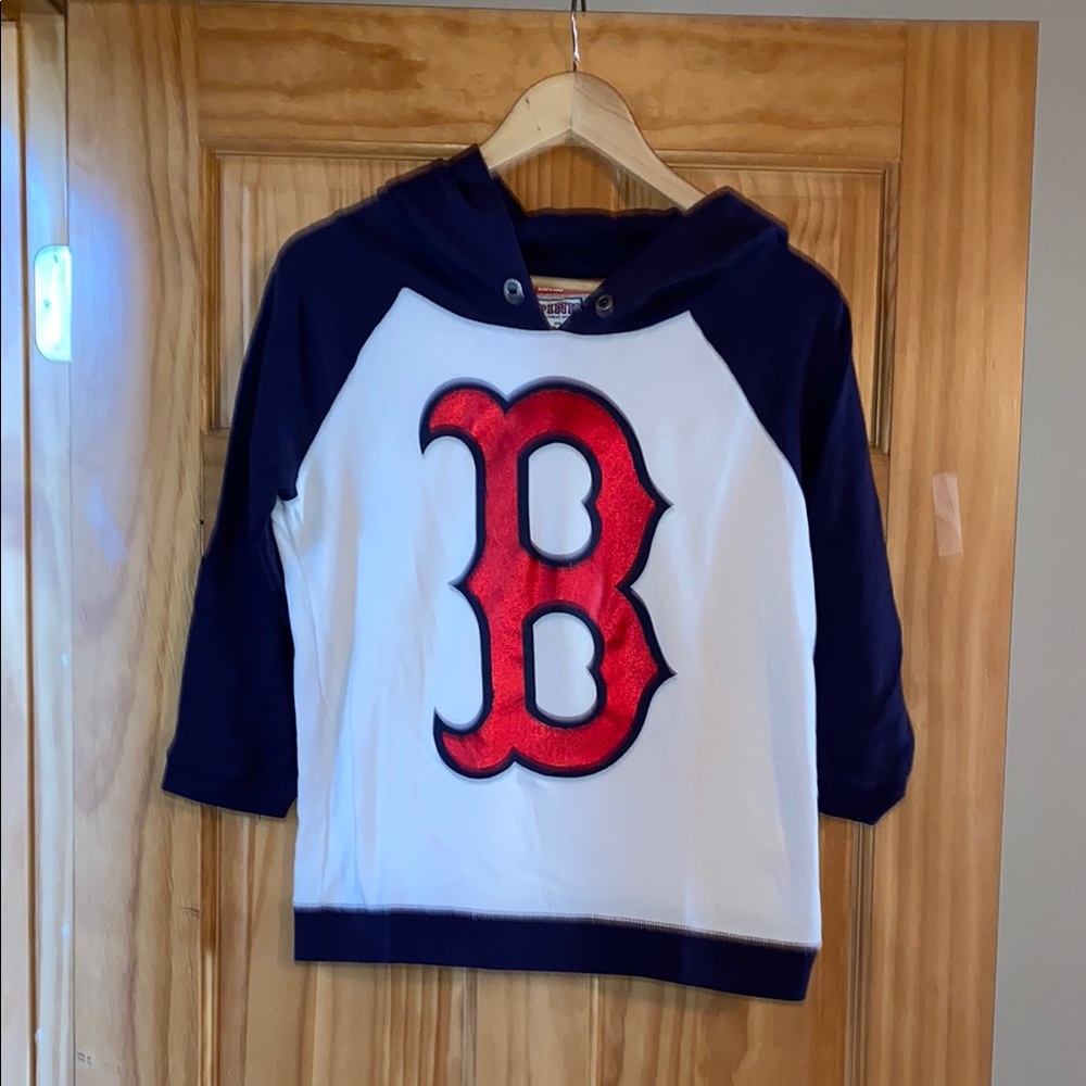 Pink Boston Navy and White Hoodie with Red Lettering